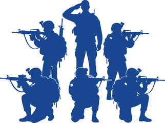 Fototapeta premium Blue military silhouettes showing soldiers in action with rifles, tactical gear and standing poses, bold vector formation for security, defense infographic themes, training concepts and modern graphic