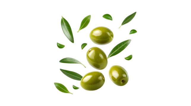 An artistic arrangement of plump green olives and fresh leaves floating against a black background