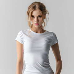 Fototapeta premium Caucasian woman in white t-shirt posing casually against white background, symbolizing simplicity, elegance modern lifestyle. Perfect for fashion advertising themes.