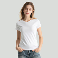 Obraz premium Caucasian woman in white t-shirt posing casually against white background, symbolizing simplicity, elegance modern lifestyle. Perfect for fashion advertising themes.