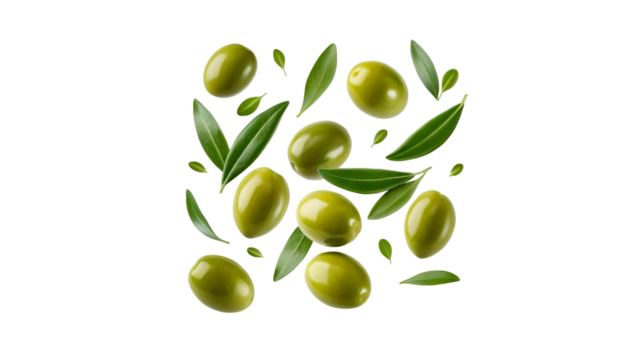 A beautiful pattern of fresh green olives and leaves falling against a striking black background,