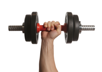 Hand holding a heavy dumbbell with weight plates on white background Keywords: hand, holding