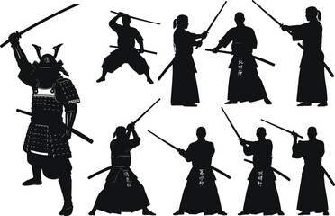Obraz premium Samurai warrior and kendo fighters practicing sword techniques, traditional Japanese martial arts silhouette illustration, discipline, strength, culture, heritage, 