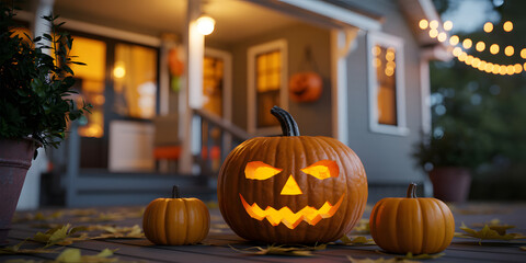 Obraz premium Halloween Pumpkins on a Porch with String Lights jackolantern