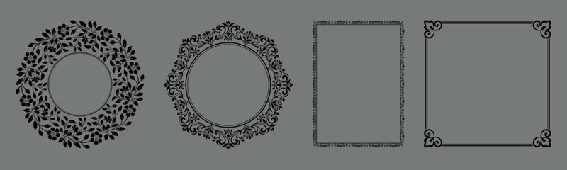 Set of decorative frames Elegant vector element for design in Eastern style, place for text. Floral black and gray borders. Lace illustration for invitations and greeting cards