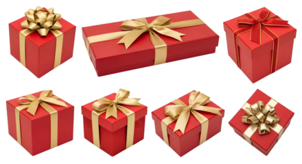 Seven red gift boxes with gold ribbon and bow