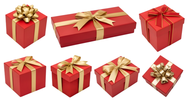 Seven red gift boxes with gold ribbon and bow