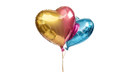 A vibrant bouquet of three metallic heart shaped balloons in gold pink and blue