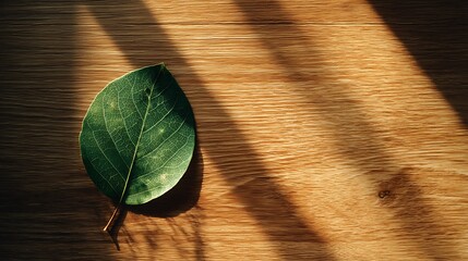 Single green leaf on a minimal wooden surface under warm morning light forming a calm modern layout ideal for corporate presentation background, marketing visuals, and analytics template