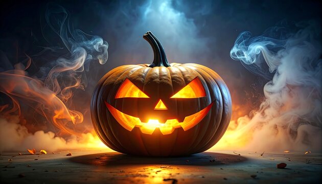A carved pumpkin with an orange glow and a grinning face sits amidst smoke and flames against a dark background - Powered by Adobe