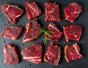 Overhead shot of raw, seasoned beef cuts arranged on a dark slate surface, with rosemary. The meat has a vibrant red hue