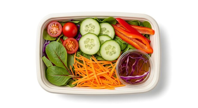 A realistic top-down view of a colorful vegetable salad neatly arranged in a plain white rectangular meal-prep container, filled with fresh greens, cherry tomatoes, cucumbers, and shredded carrots