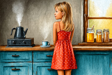 A girl in a red dress is looking at a pot of boiling water. The scene is set in a kitchen with a window and a counter. The girl appears to be curious about the boiling water, and the scene has a warm