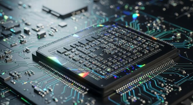 Innovation on Display: A detailed macro shot of a sleek, advanced computer chip, highlighting the intricate circuitry and modern technology.