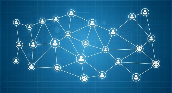 Social network connections on blue grid background symbolizes global networking - Powered by Adobe