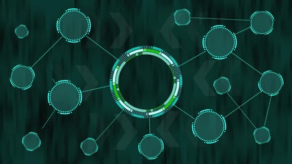 Futuristic abstract network diagram featuring interconnected circular nodes, a central digital ring, and a modern technology grid representing data flow and system architecture. - Powered by Adobe