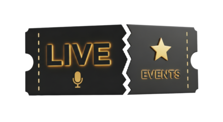 Live event performance ticket with glowing mic and star icons isolated on transparent background