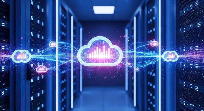 Digital Symphony: A vibrant visualization of a server room, with data seamlessly flowing across a network, emphasizing the concept of cloud computing and data storage
