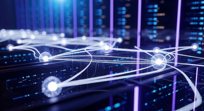 Digital Realm: Intricate networks illuminate within a data center, showcasing the invisible infrastructure of connectivity, computing, and the interconnected digital sphere.