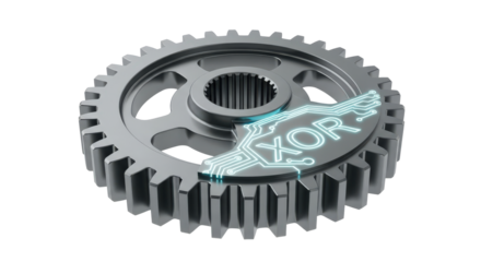 Digital gear with xor circuit board pattern for logic concepts isolated on transparent background