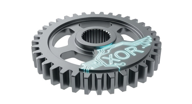 Digital gear with xor circuit board pattern for logic concepts isolated on transparent background
