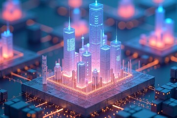 Futuristic city skyline glowing on circuit board, neon lights, digital architecture, cyberpunk urban landscape.