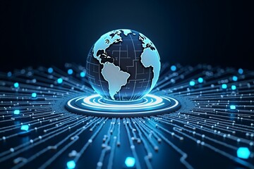Glowing digital globe rests on futuristic circuit board, symbolizing global technology connectivity and innovation in a dark blue cybernetic world.