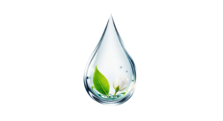 Pure water droplet with fresh green leaf and delicate white flower isolated on transparent background