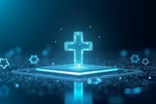glowing cross between molecular structures, futuristic blue light effects on circular platform. sci-fi chemistry concept visualization. - Powered by Adobe
