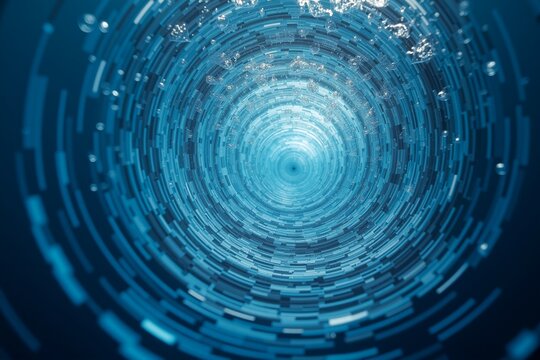 Blue digital tunnel of glowing data streams, futuristic vortex leading to bright center, abstract tech visualization. - Powered by Adobe