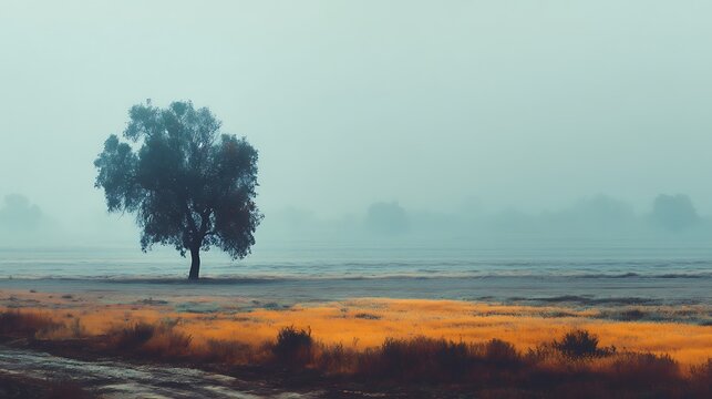 Soft misty landscape with an isolated tree forming a balanced clean layout for modern business presentation background, dashboard analytics, and versatile marketing template use