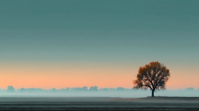 Quiet fog horizon with a lone tree creating a clean modern composition suitable for business presentation background, corporate analytics dashboards, and marketing template concepts