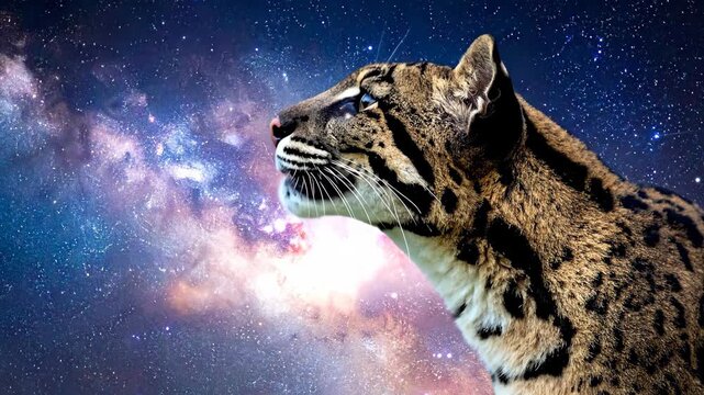 Majestic Clouded Leopard Gazing at the Cosmic Galaxy Stars.