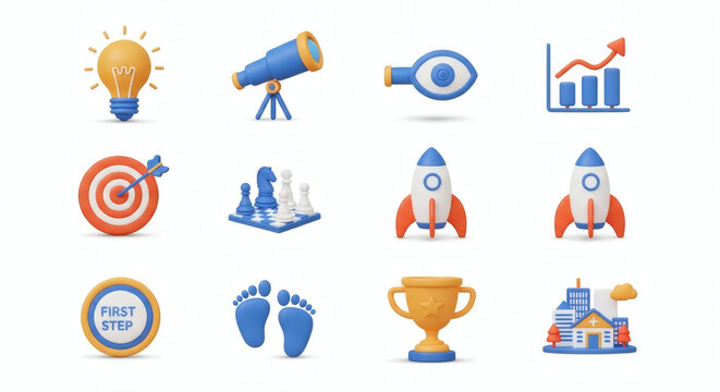 Vibrant 3D icon set depicting essential business and personal growth concepts innovation, strategic vision, goal setting, startup, progress, and ultimate success.