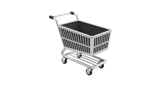 Empty metal shopping cart, retail and grocery store commerce isolated on transparent background