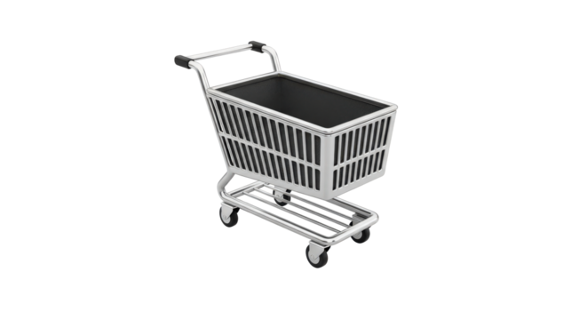 Empty metal shopping cart, retail and grocery store commerce isolated on transparent background