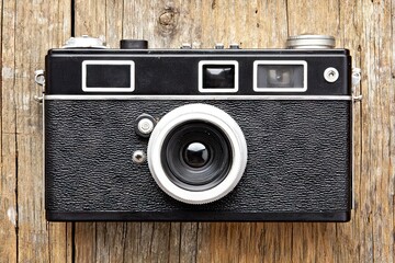 Classic black film camera sits on rustic weathered wooden surface