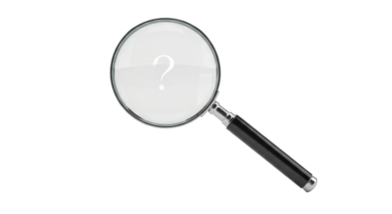 Magnifying glass showing a question mark, highlighting search concept isolated on transparent background