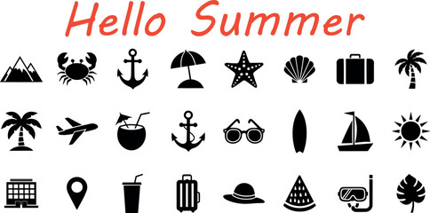Hello summer icons collection with travel and beach elements mountains, crab, anchor, umbrella, starfish, seashell, suitcase, palm tree, airplane snorkel, and leaf on transparent background