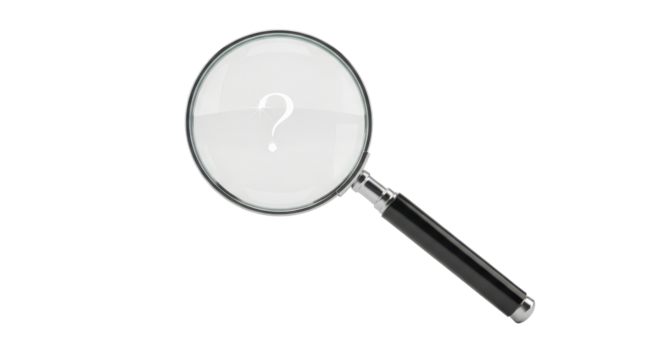 Magnifying glass showing a question mark, highlighting search concept isolated on transparent background - Powered by Adobe