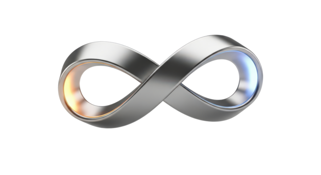 Shiny metallic infinity symbol with glowing light reflections isolated on transparent background