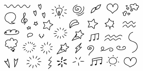 Collection of hand drawn doodle elements including stars hearts lightbulb music notes clouds and speech bubbles