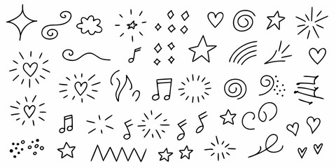 Collection of hand drawn doodle elements including stars hearts music notes swirls and sparkles