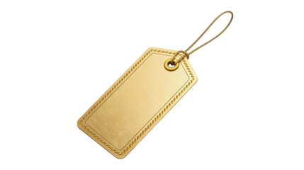 A luxurious blank golden tag with a brushed metal texture and an elegant braided border hangs from a twisted string ready for text or a price