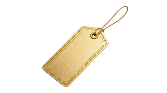 A luxurious blank golden tag with a brushed metal texture and an elegant braided border hangs from a twisted string ready for text or a price