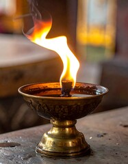 A close-up shot of a small brass lamp, filled with oil, lit with a prominent orange and yellow flame rising upward