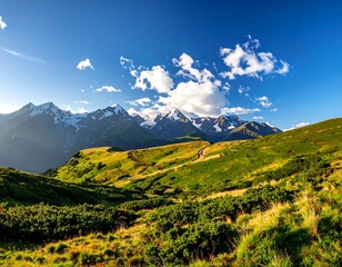 Sunny mountain scene with snow-capped peaks against a vibrant blue sky with fluffy clouds and lush green hills