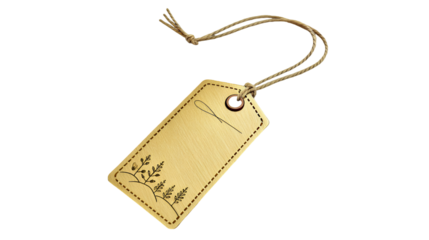 A blank wooden gift tag with a natural twine string and a simple botanical illustration isolated on a black background