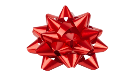 A single, spiky red gift bow made of shiny ribbon