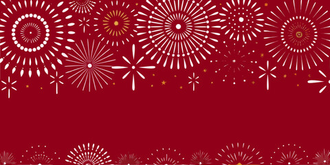 Festive red background with white and gold fireworks and starbursts for celebrations